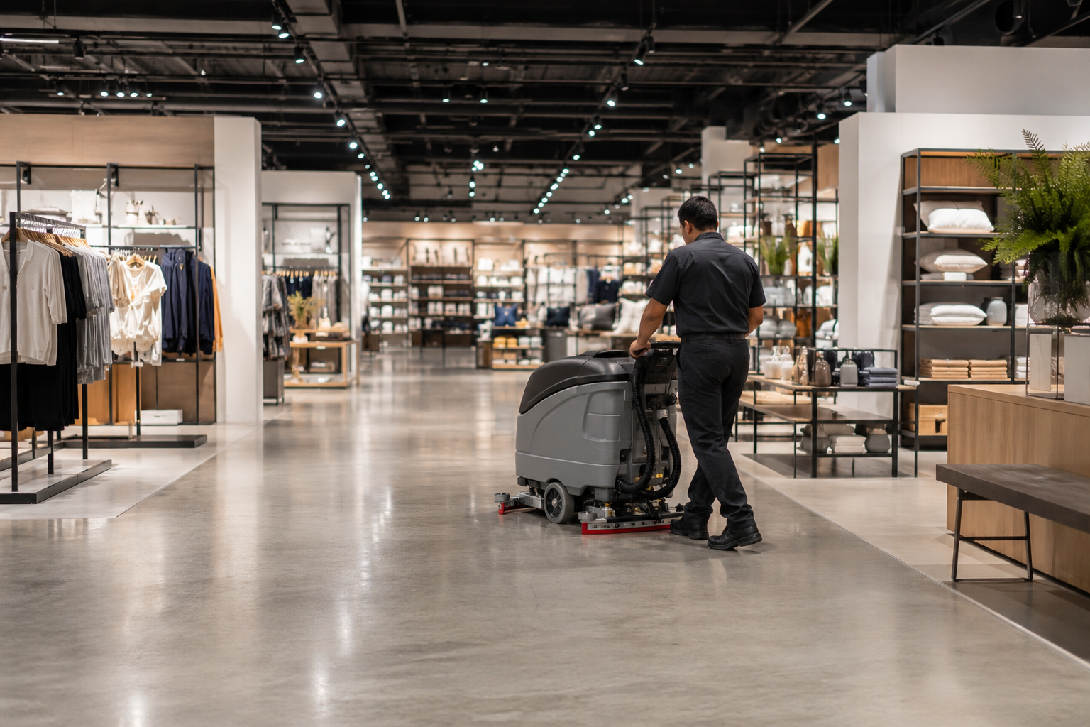 Entretien d’une grande surface commerciale avec une autolaveuse